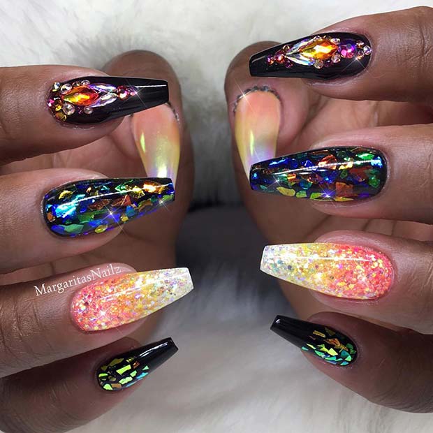 Black and Rainbow Shard Nails 