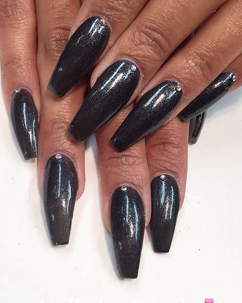 Shimmery Black Coffin Nails with Crystals