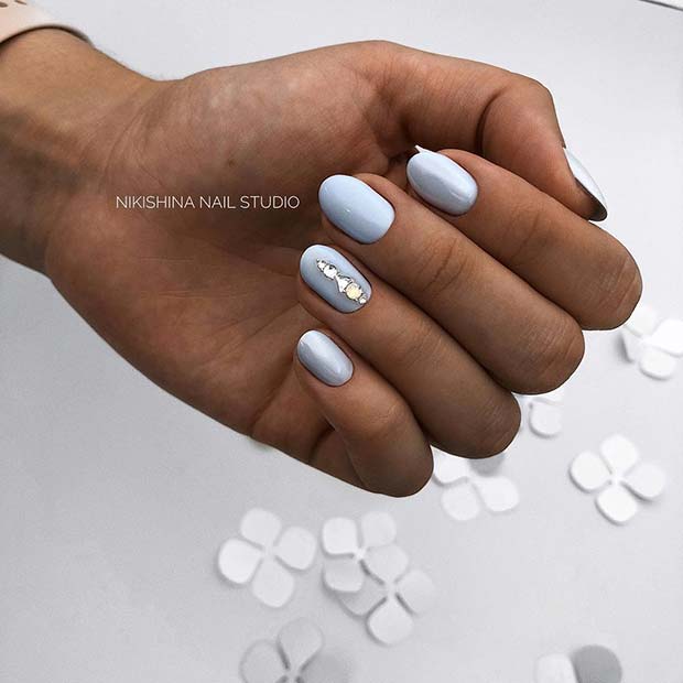 Soft Blue Nails with Rhinestones 