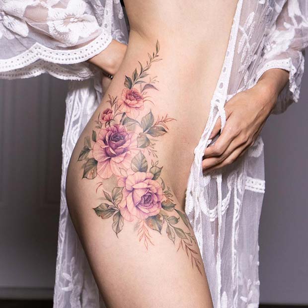 Hip and Thigh Flower Tattoo Idea