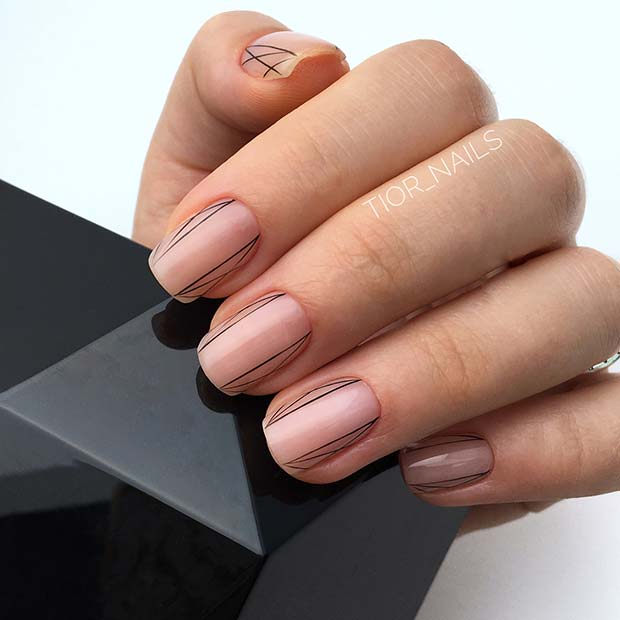 Trendy Nude Nails with Black Nail Art