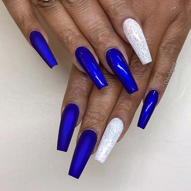 Blue and Silver Long Coffin Nails