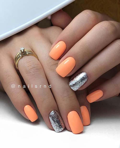 Bright Orange and Silver Glitter Nails