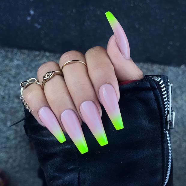Long Coffin Nails with Neon Tips