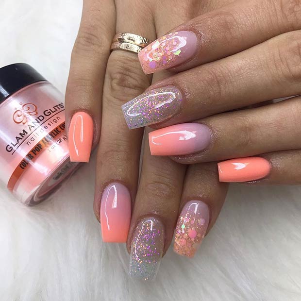 Cute Peachy and Glittery Nails