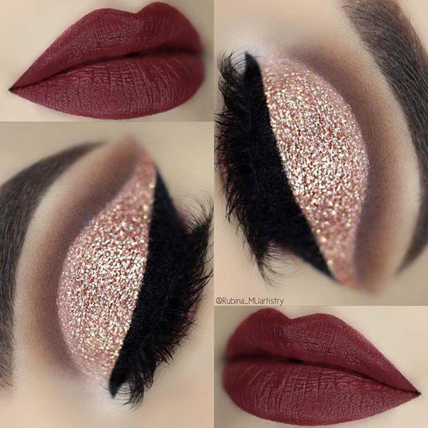 Glam Gold Glitter Eyes and Red Lips