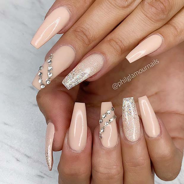 Nude Acrylic Nails with Glitter and Rhinestones