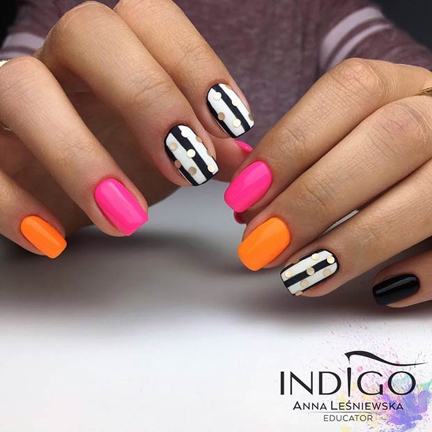 Neon Nails with Black and White Stripes