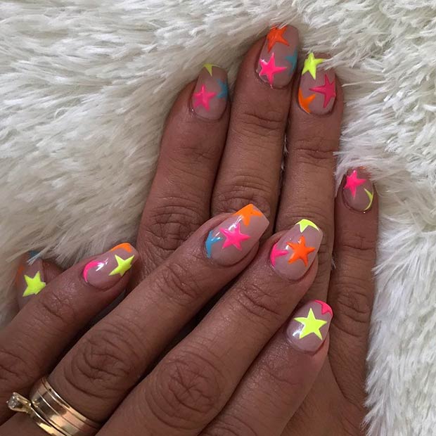 Nude Nails with Neon Stars