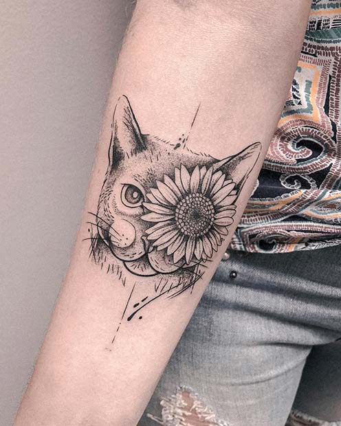 Cat and Sunflower Tattoo