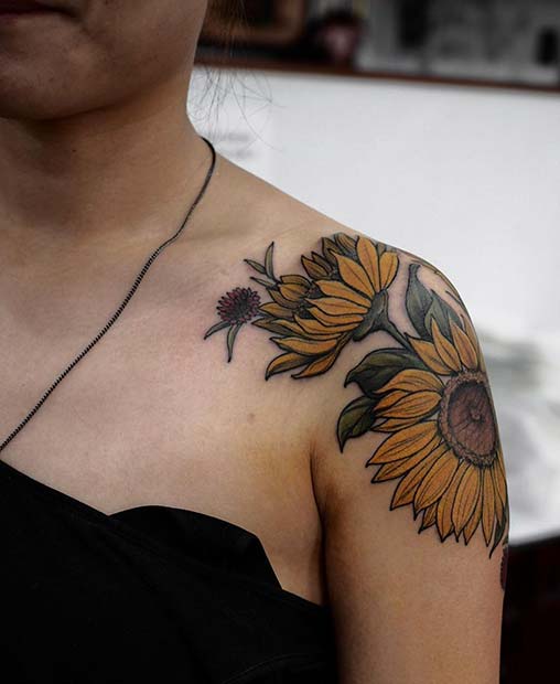 Vibrant Sunflower Shoulder Tattoo