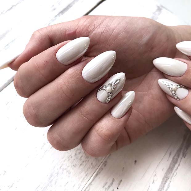 White Nails with Sparkly, Pearl Accent Nail