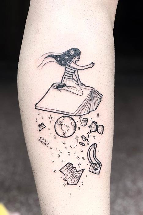 A Girl Flying on a Book Tattoo Design