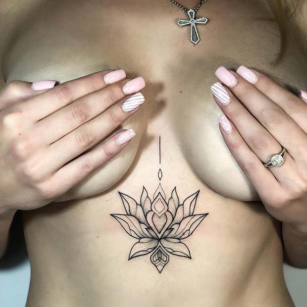 Beautiful Lotus Sternum Tattoo Idea