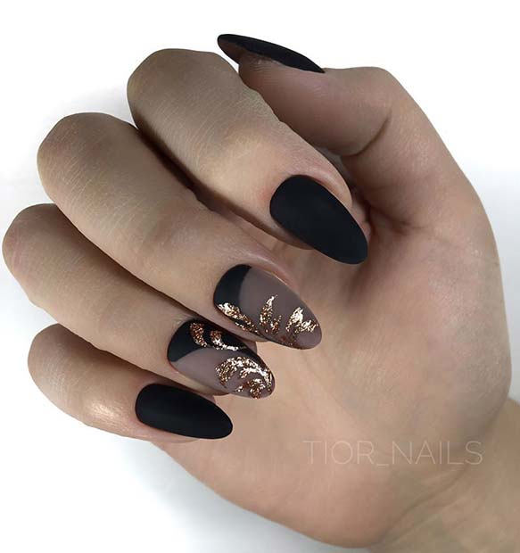 Matte Black Nails with an Elegant Gold Design