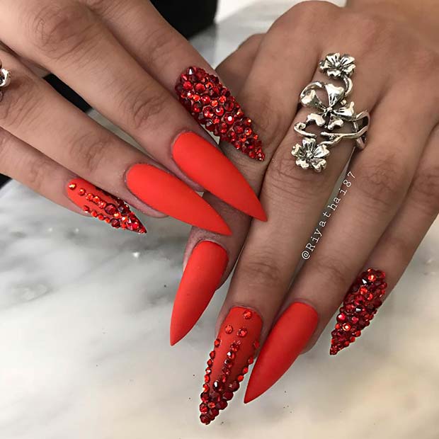 Bold Red Nails with Crystals