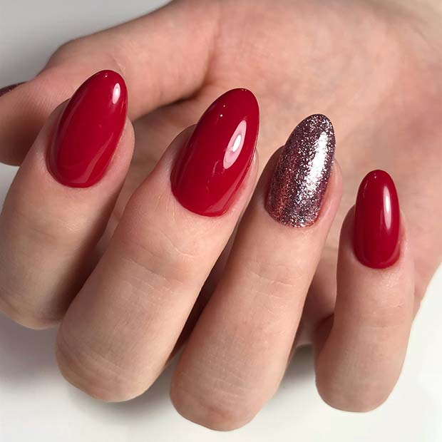 Bright Red Nails with Glitter