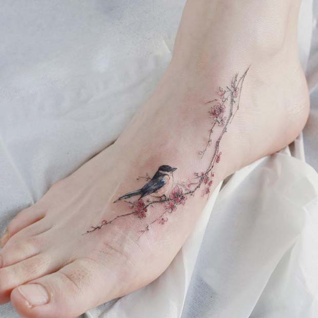 Cherry Blossom and Bird Tattoo Idea