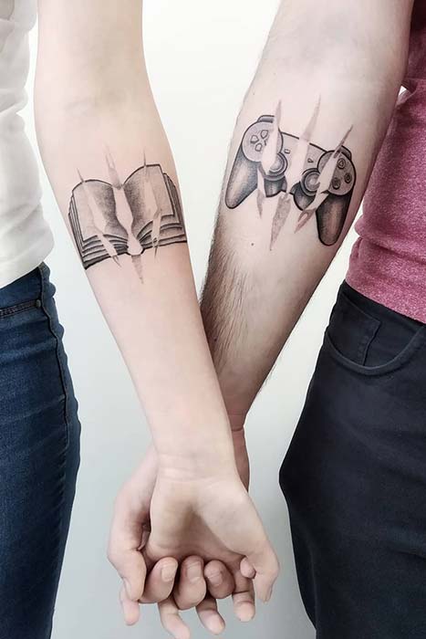 Couples Tattoo Idea for a Gamer and a Book Reader