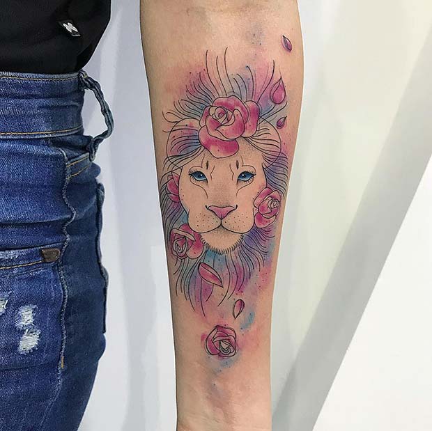 Floral Lion Arm Tattoo Idea
