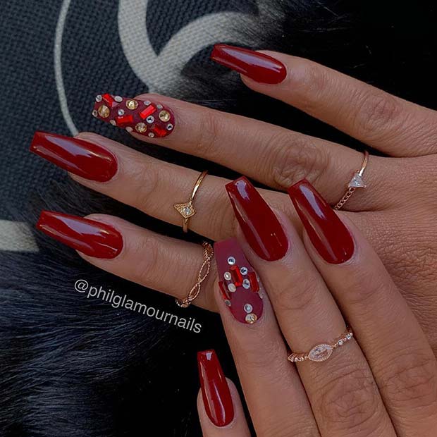 Glam Red Nails with Rhinestones