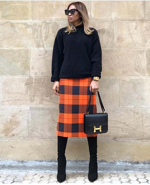 All Black Outfit with Checked Skirt 