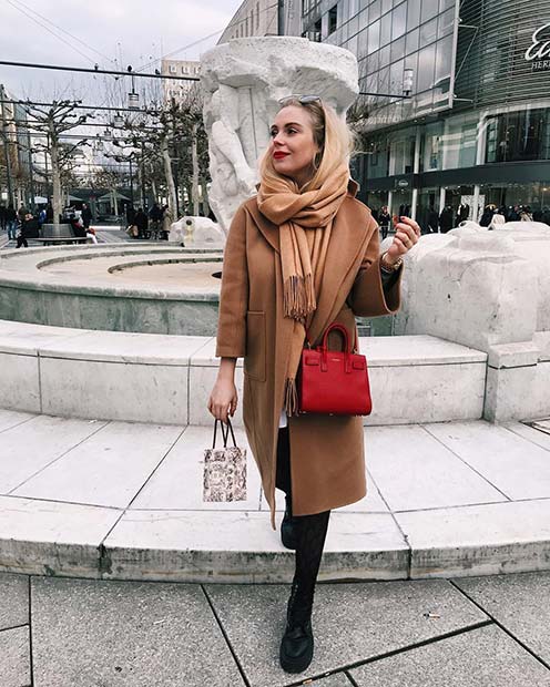 Neutral Winter Outfit with Bright Bag