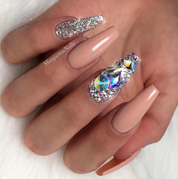 Nude Coffin Nails with Glitter and Rhinestones
