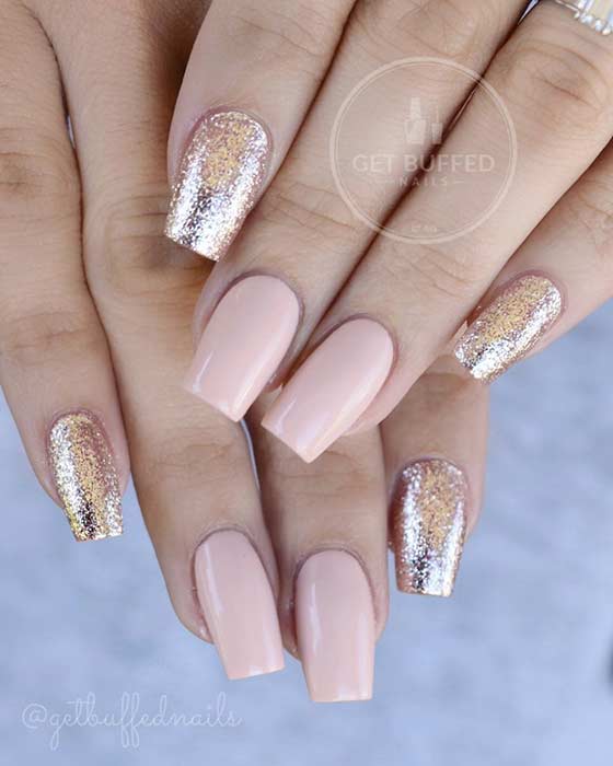 Nude and Gold Glitter Nails