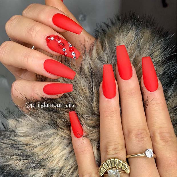 Red Matte Nails with Crystal Accent Nail