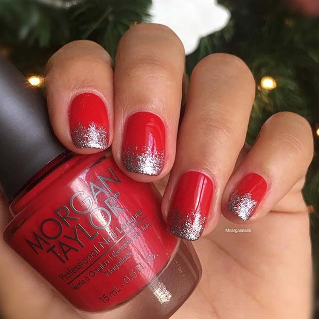 Red Nails with Glitter Tips