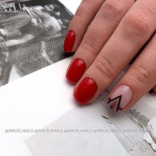 Red Nails with Triangle Accent Nail