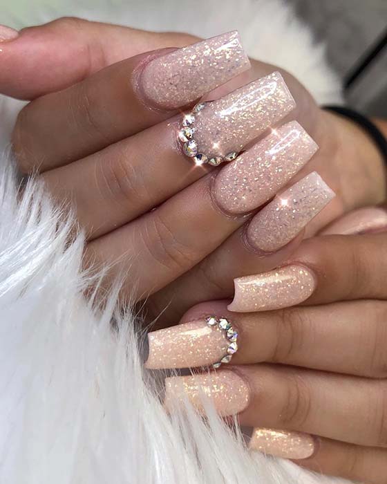 Sparkly Glitter Coffin Nails with Rhinestones