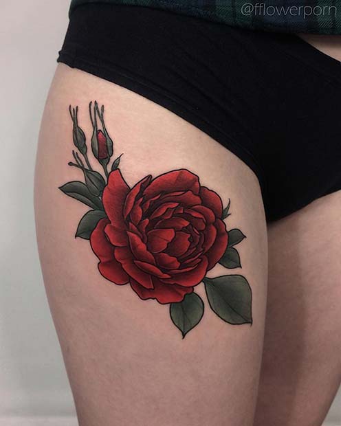 Vibrant Flower Thigh Tattoo