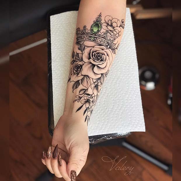 Beautiful Crown Tattoo with Flowers