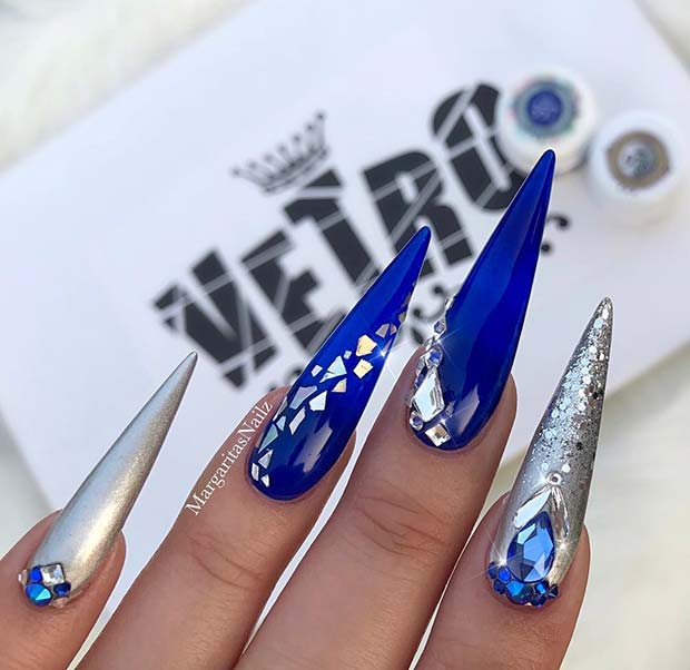 Blue and Silver Stiletto Nails