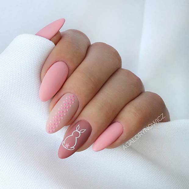 Chic Pink Nails with White Rabbit Design