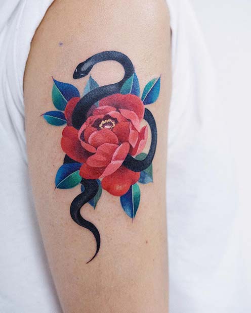 Colorful Snake and Flower Tattoo Design