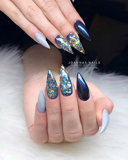 Blue Glittery Stiletto Nails