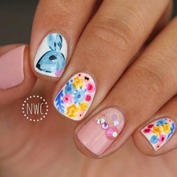 Flowers and Easter Bunny Nail Design