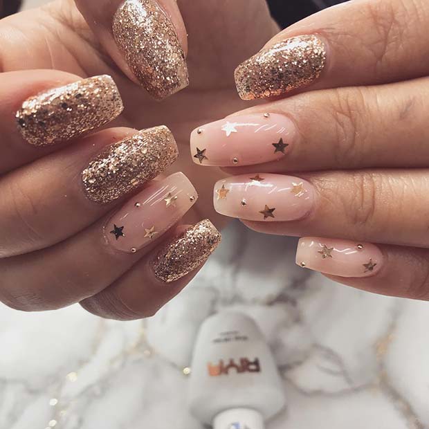 Gold Glitter Nails with Stars