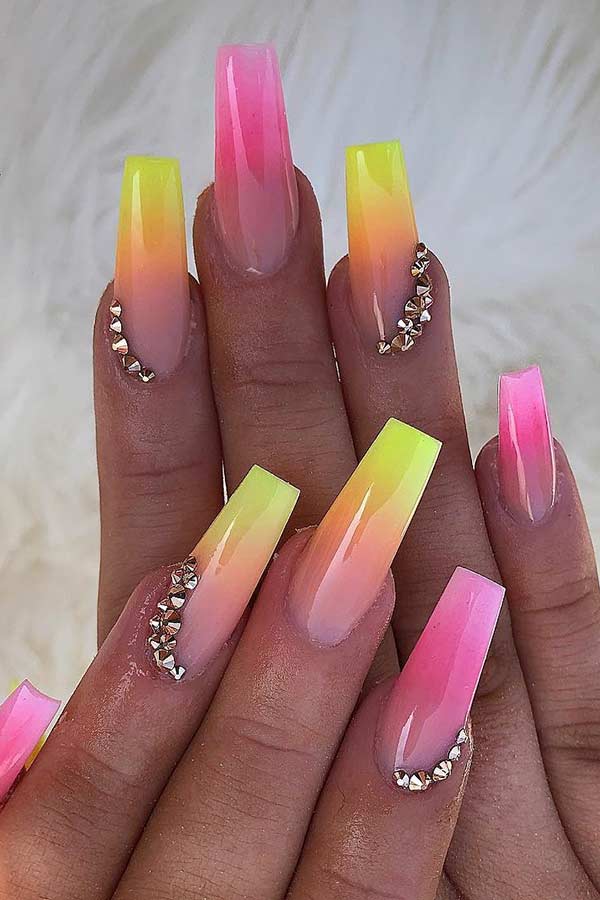 Neon Ombre Nails with Rhinestones