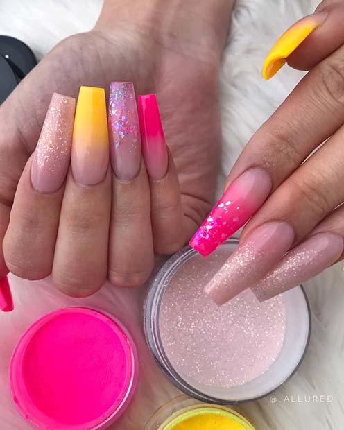 Neon Ombre Nails with Glitter