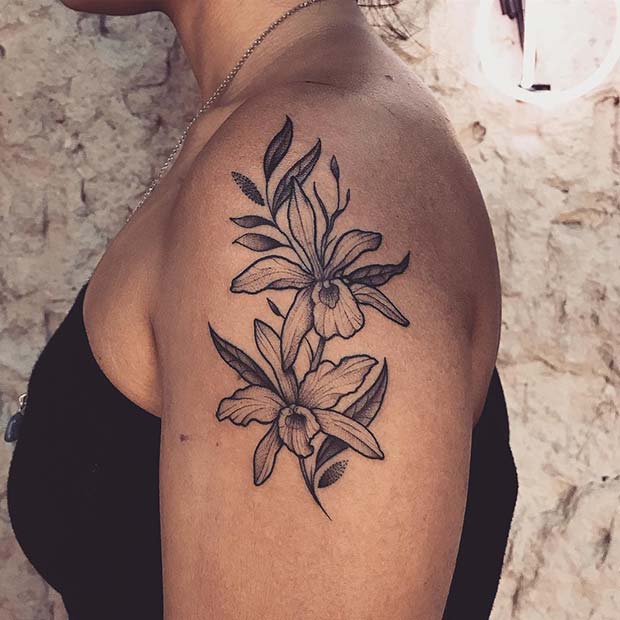 Beautiful Orchid Shoulder Tattoo Idea