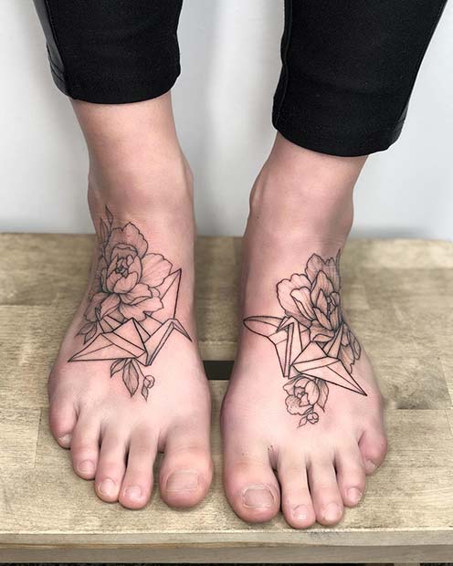 Floral Origami Foot Tattoos