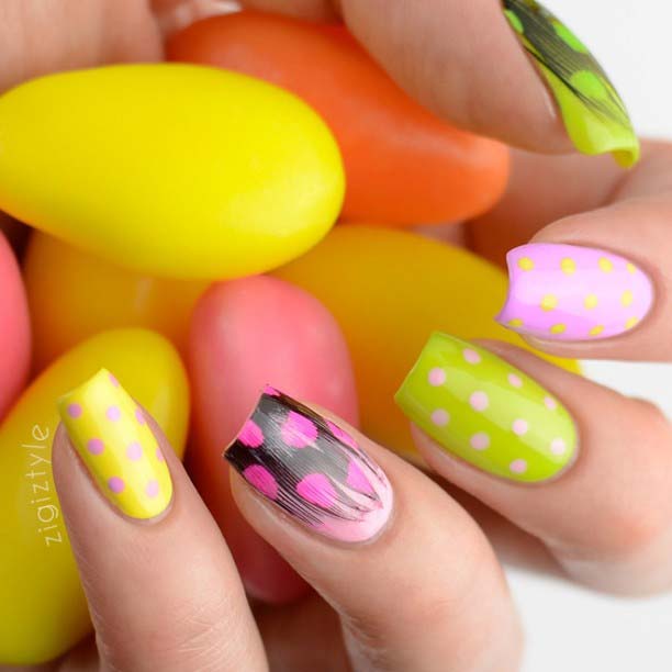 Polka Dots and Feathers Easter Nails