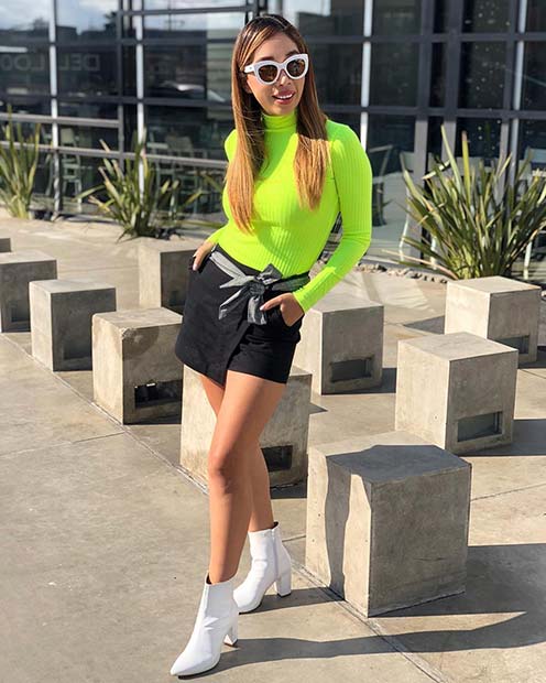 Stylish Neon Top With Skirt and Cute White Boots
