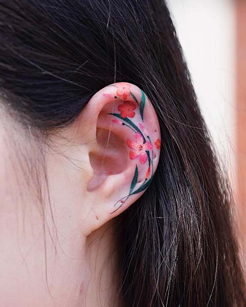 Unique, Floral Ear Tattoo Idea