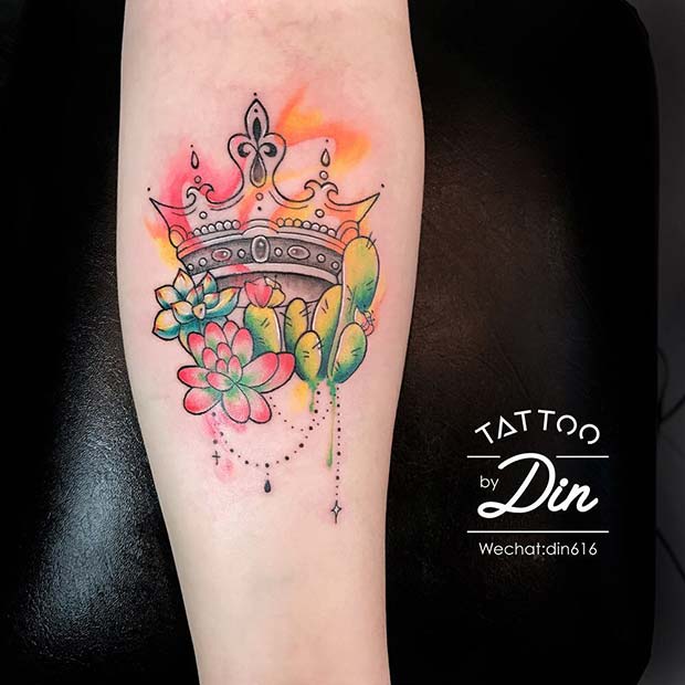 Vibrant Botanical Crown Tattoo 