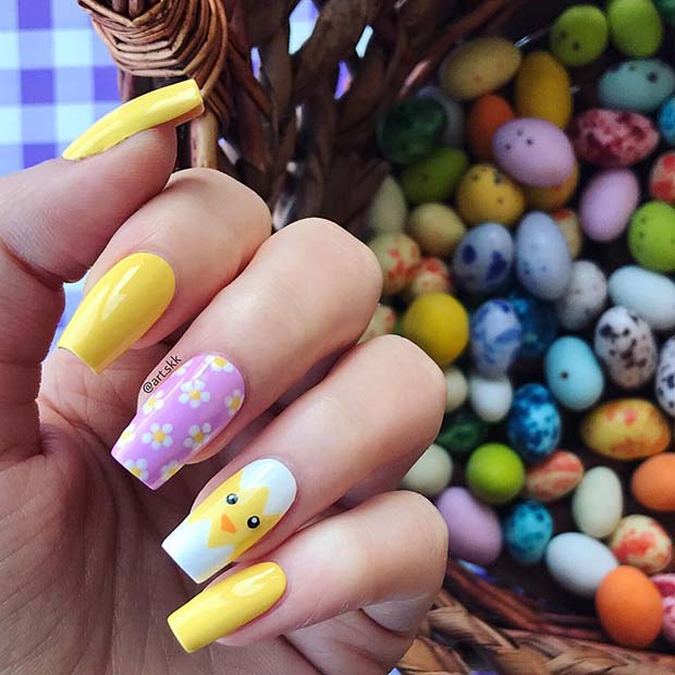 Yellow Easter Nails with Chick and Flower Art